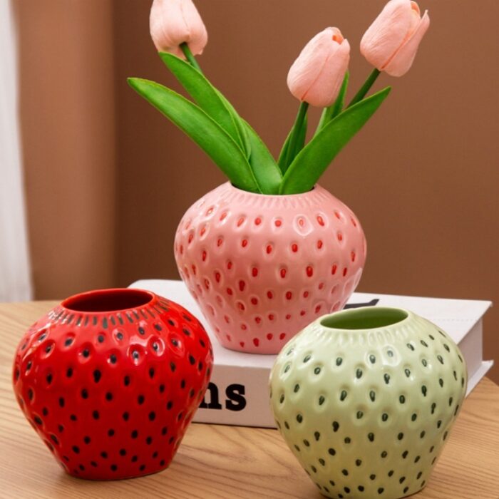 Cute Strawberry Ceramic Vase - Stylish Living Room & Home Decoration 